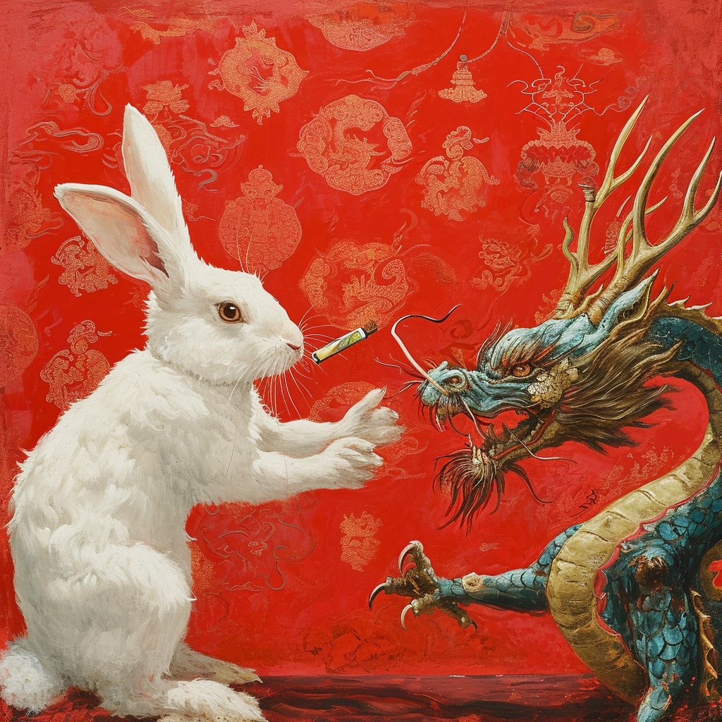 4. Adorable Rabbit and Dragon Passing Baton on Chinese Red Background