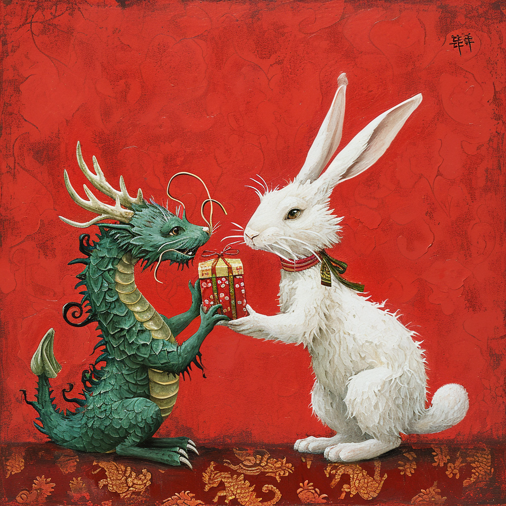 4. Gift from rabbit to dragon on Chinese red background