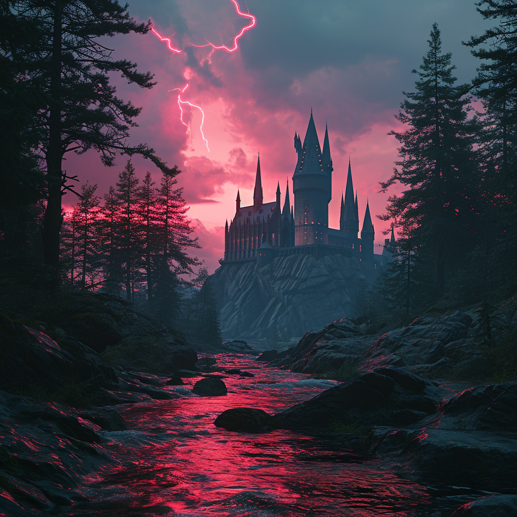 4.  Retrowave Hogwarts Castle in Expansive Landscape