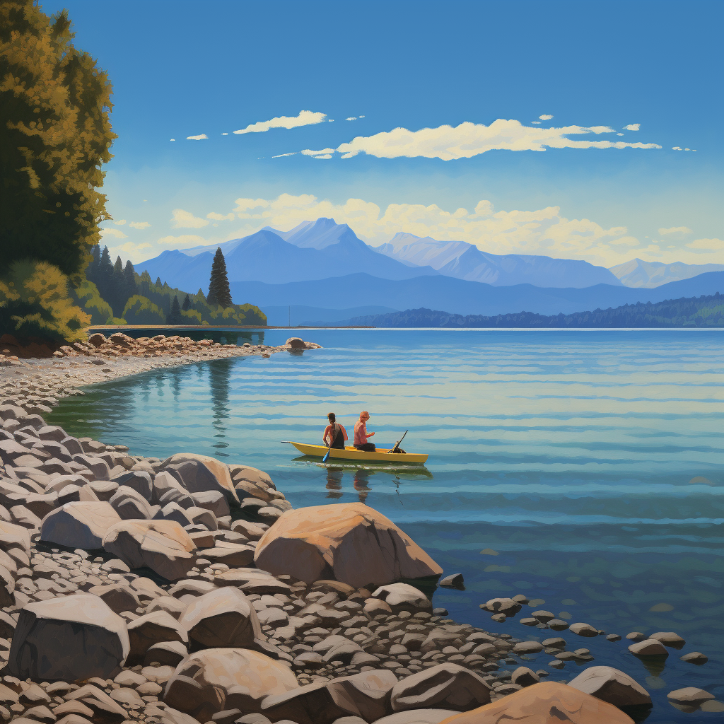 4. Two persons preparing kayak at rocky beach