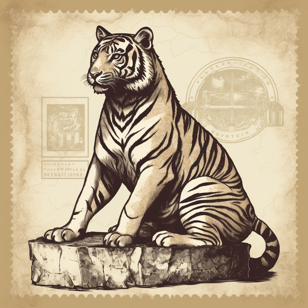 4. A stunning artwork of a sitting tiger sculpture stamp.