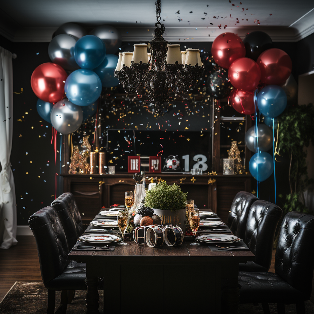 4. Soccer-themed New Year Party image with balloons and players.