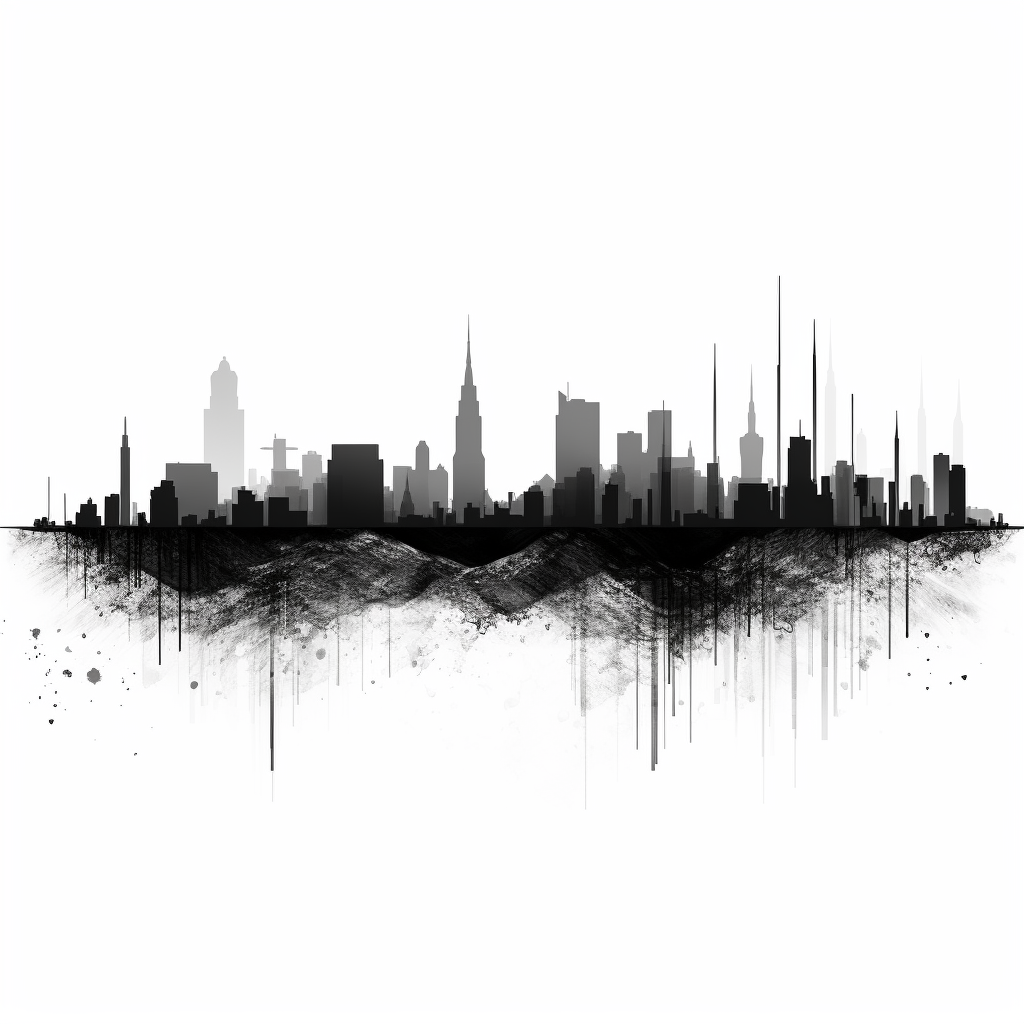 4. Vibrant soundwave graphic of city landscape in black and white