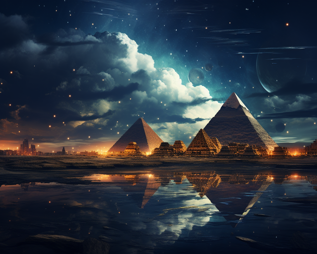 4. Stunning image of Sphinx and 3 pyramids against alabaster night