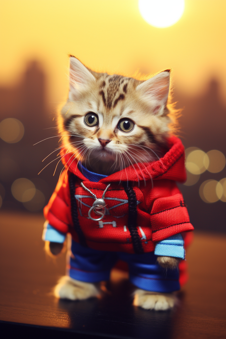 4. Adorable cat superhero in Spider-Man suit swinging through the city