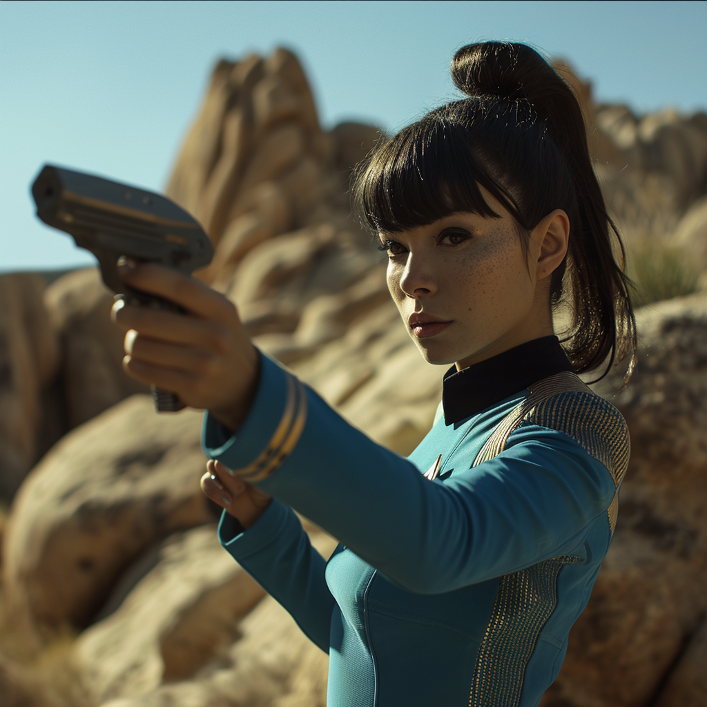 4.  Female Spock shooting phaser in action