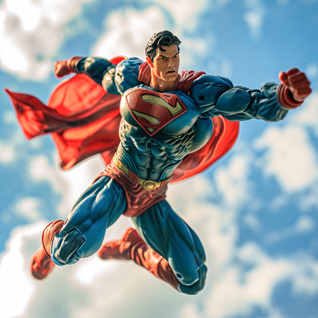 4.  Superman action figure in floating pose with cartoonized sky as background