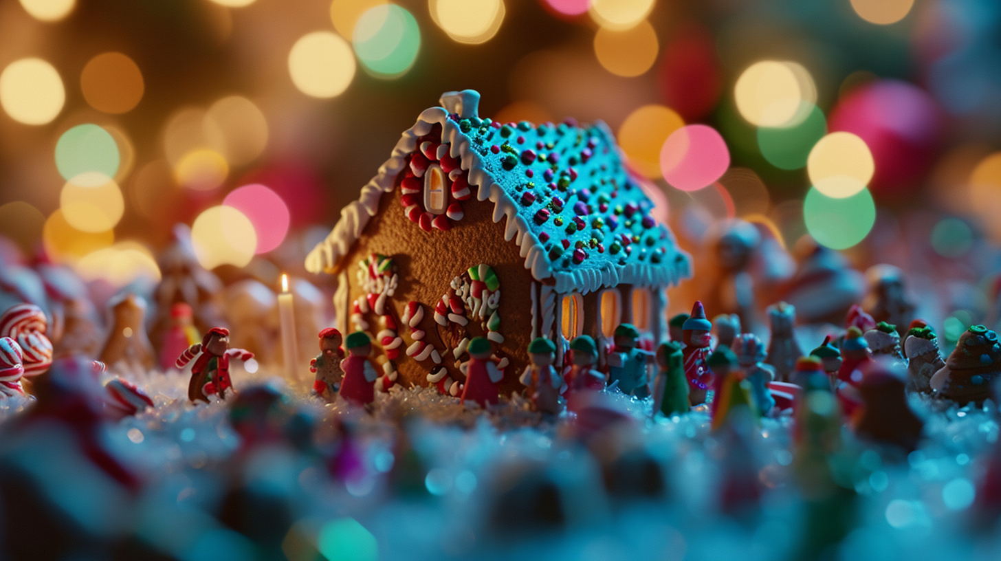 4. Image of tiny people celebrating New Year in gingerbread house