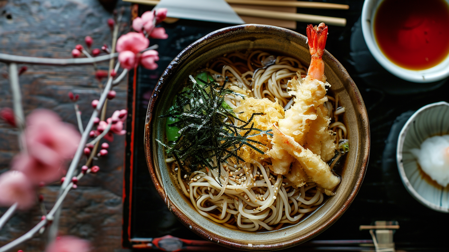 4. Traditional Japanese noodle dish with tempura on top