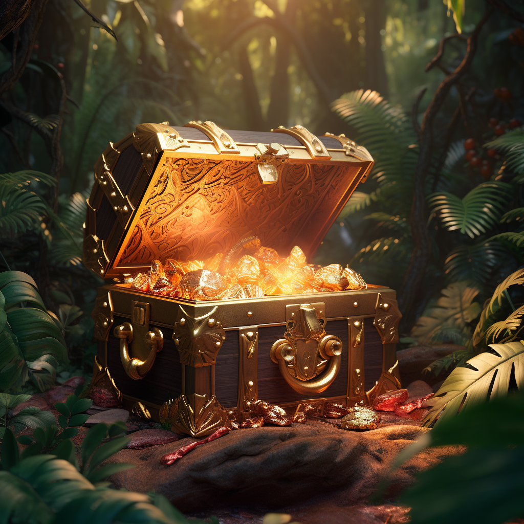 4. Image of an open treasure chest with gold and gems