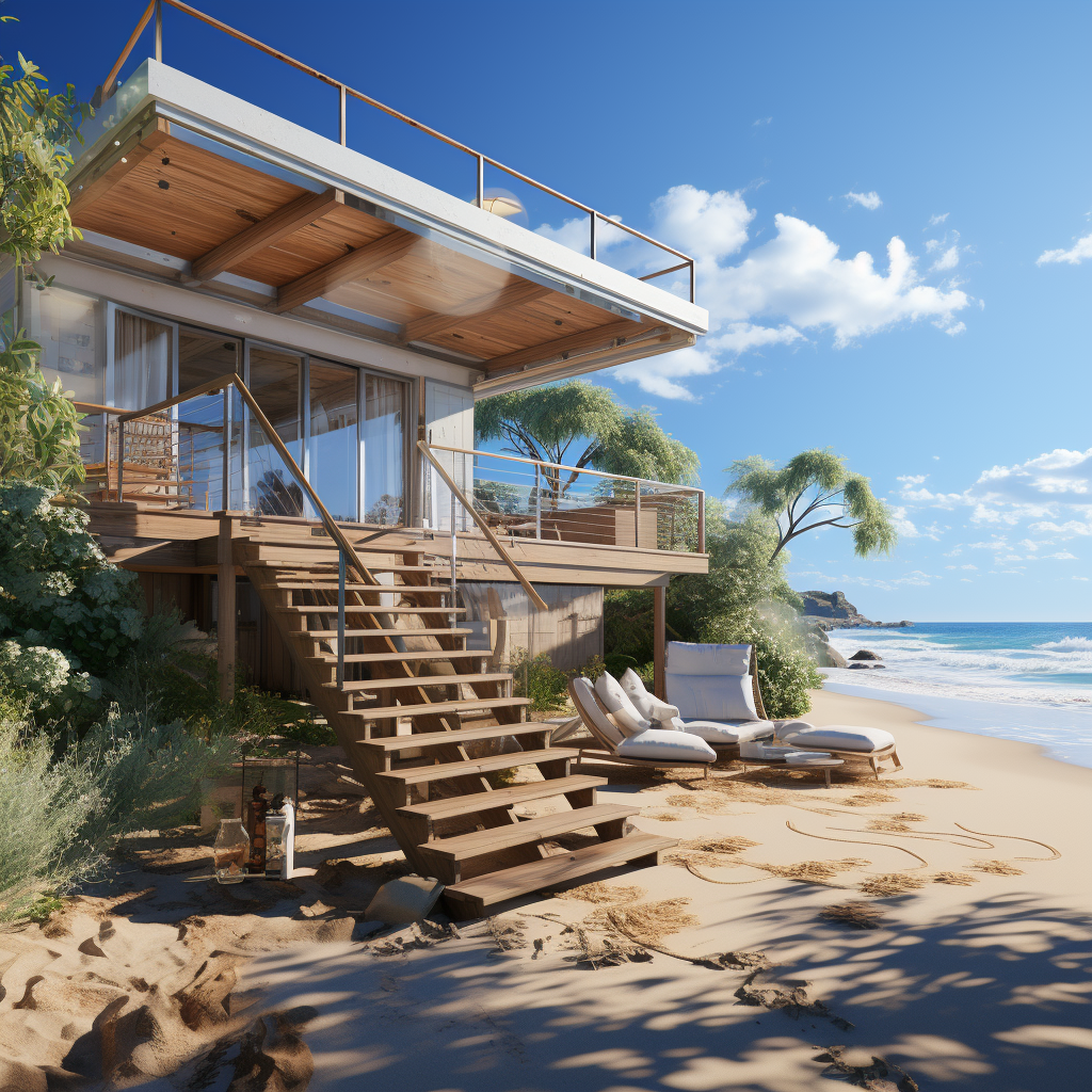 4. Beachhouse with veranda and stairs surrounded by ocean and mountains.