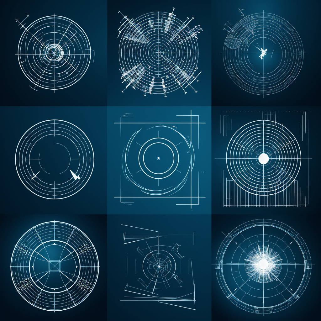 10 abstract radar illustrations on fighter aircrafts, blue and white gradients in flat vector style.