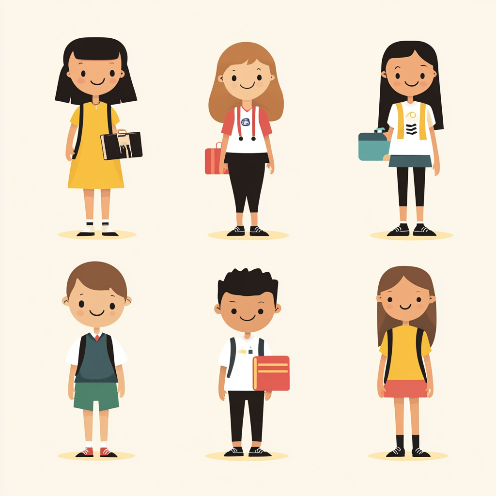 10 minimalist flat vector educational characters with geometric style.