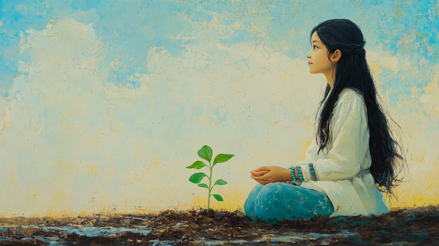 10-year-old Korean girl as bodhisattva in serene setting.