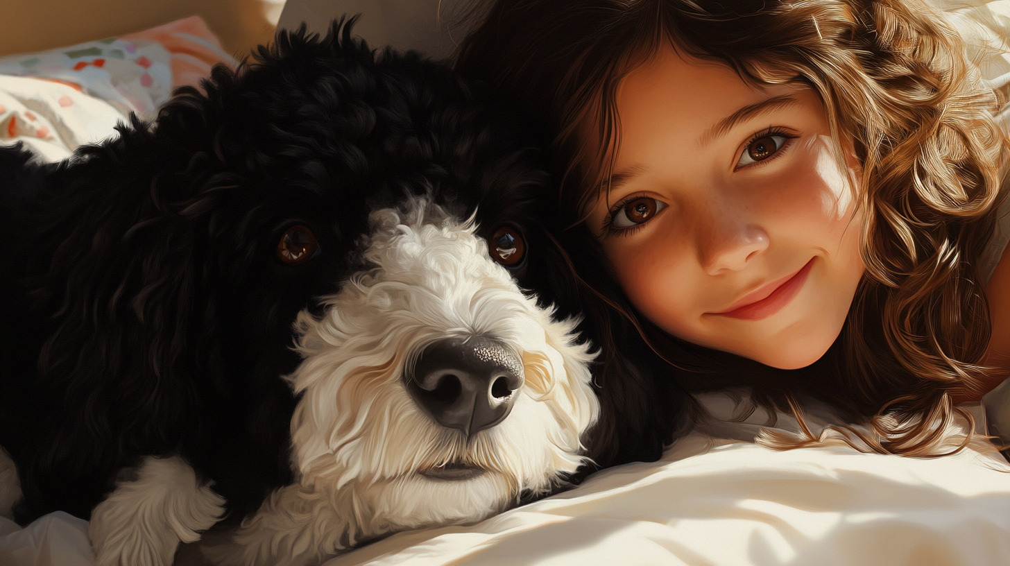 10 year old girl with brown hair cuddling dog