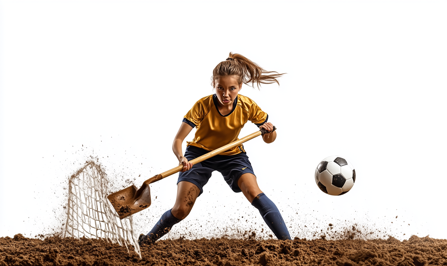 12 year old girl guarding goal with shovel 