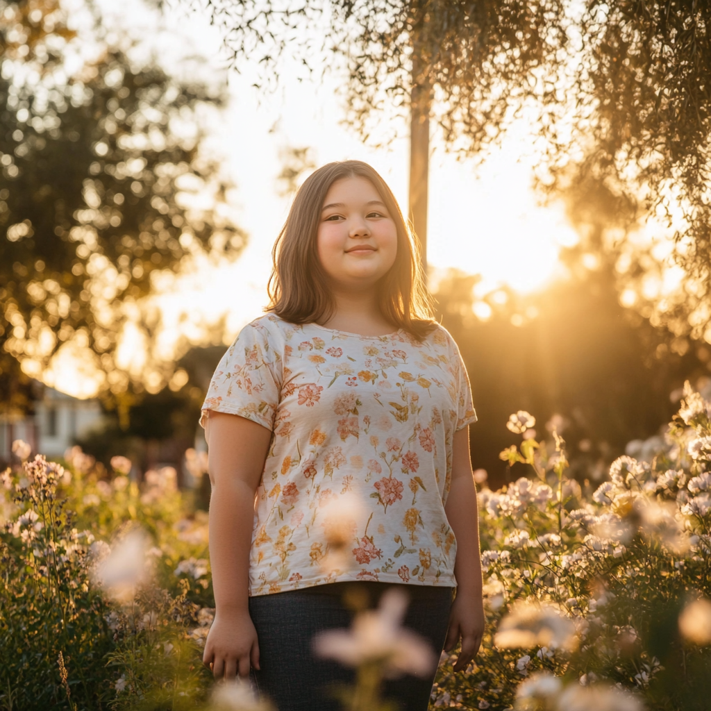 12-year-old girl in park surrounded by flowers, trees.