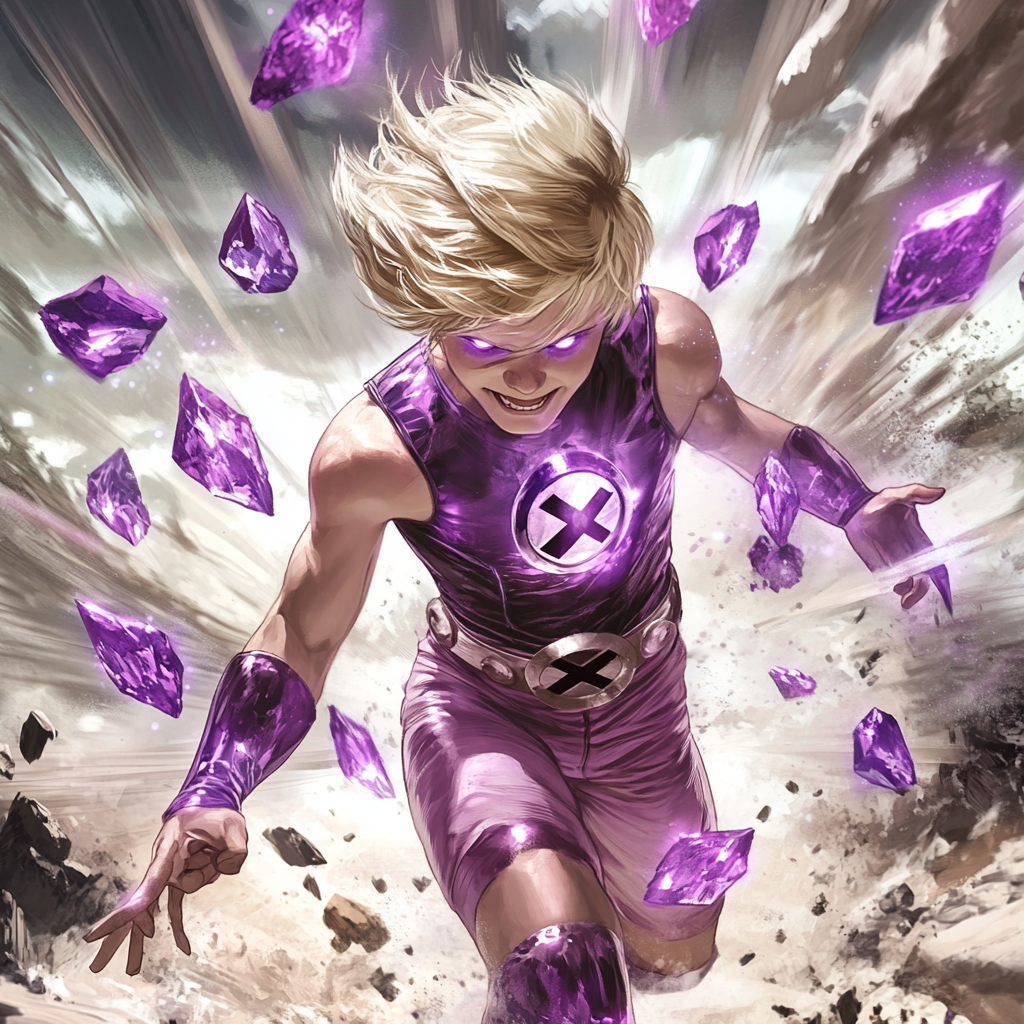 12-year-old superhero with amethyst rock body fights energetically