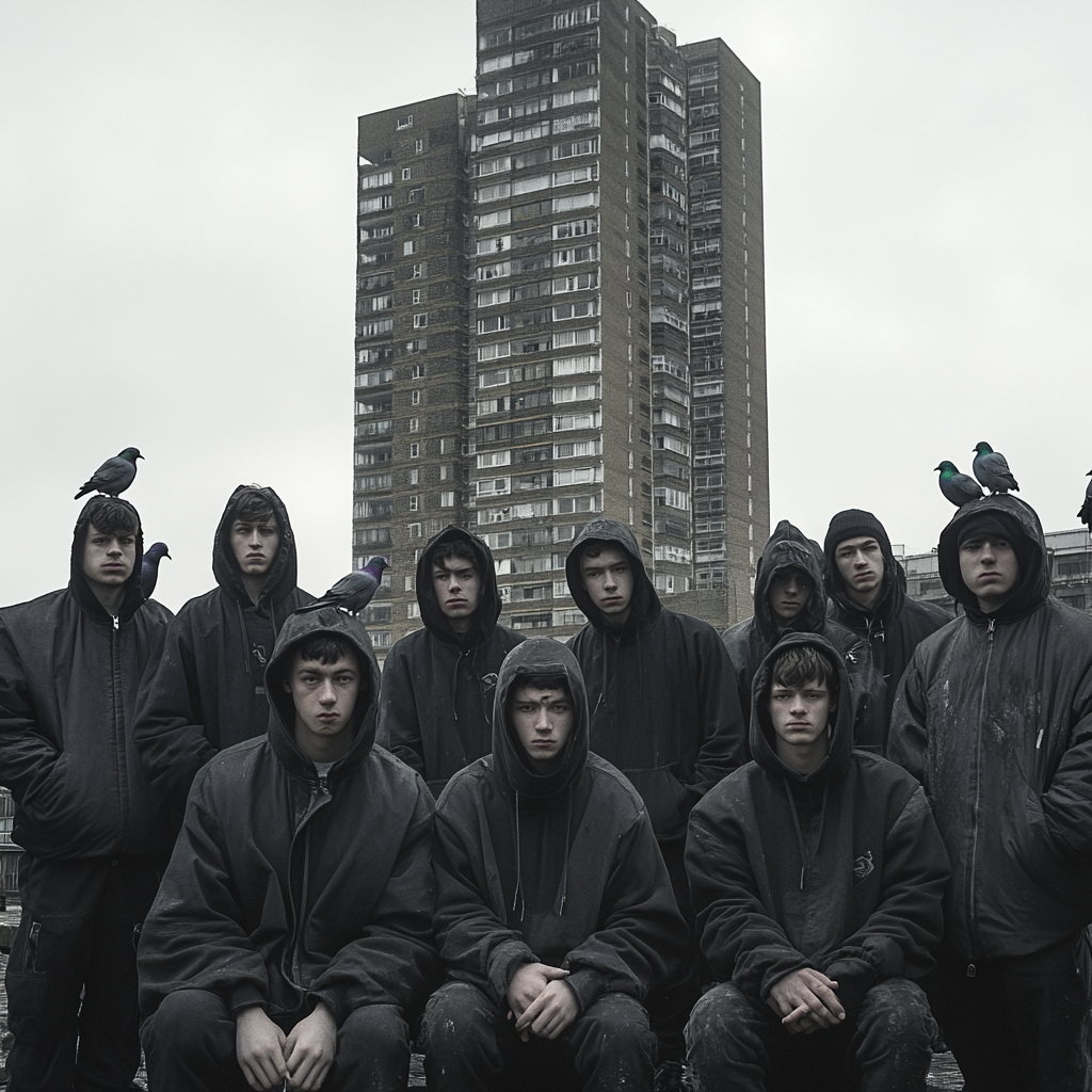 12 young men pose in hoodies like 'last supper'.