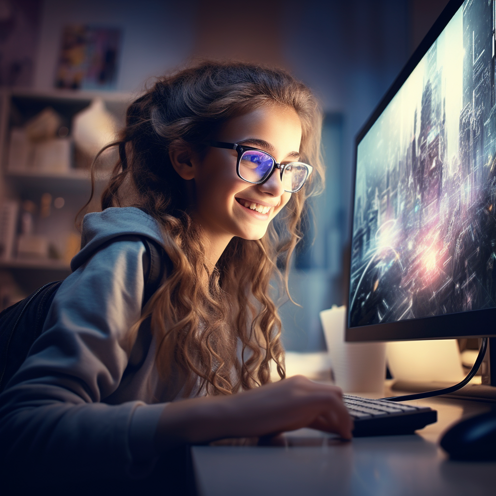 12-year-old girl happily using a computer