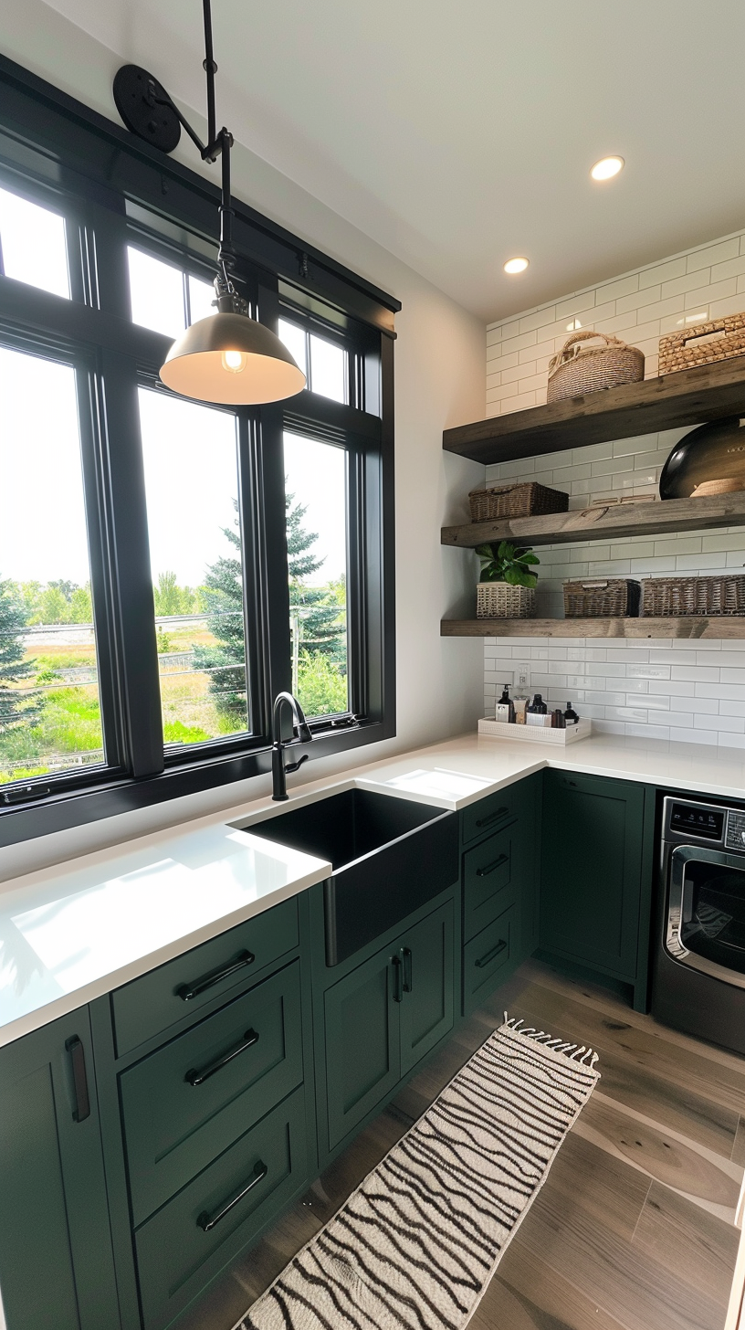 12x12 Laundry Room with Quartz Countertops & Green Cabinetry 