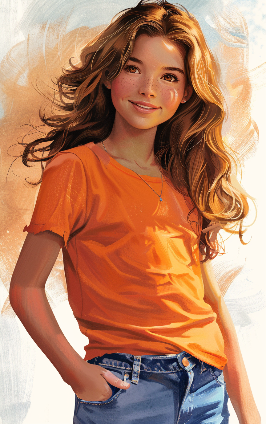 Brown hair girl in orange shirt smiling