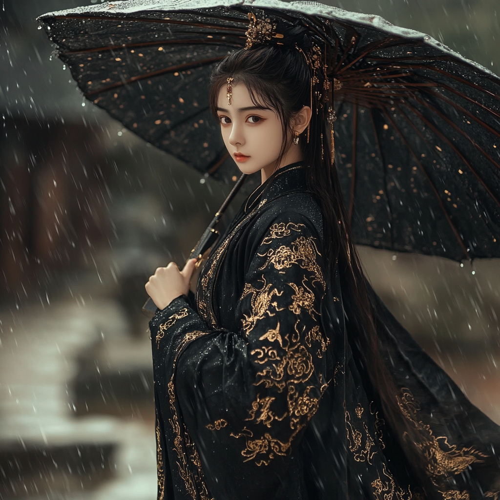 14-year-old Chinese girl, chestnut eyes, Tang costume, black cloak.