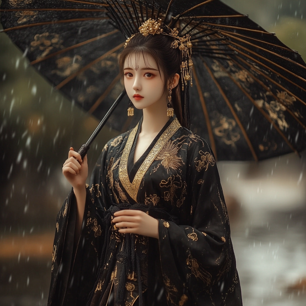 14-year-old Chinese girl in Tang costume walked confidently in rain.