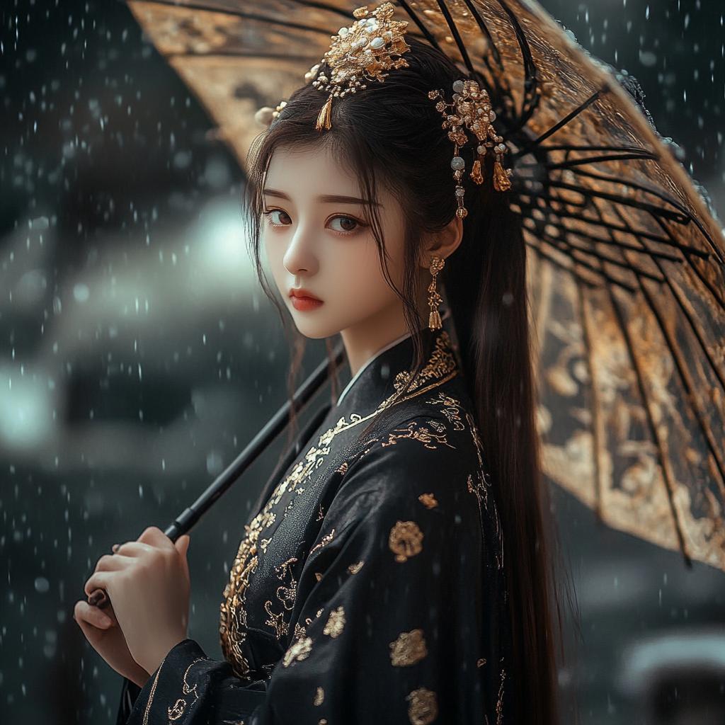 14-year-old Chinese girl in Tang costume with umbrella.