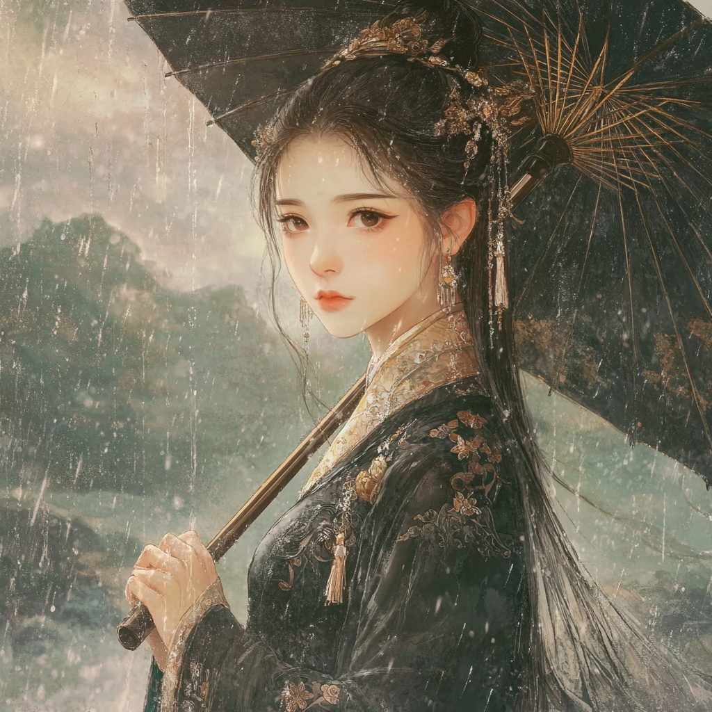 14-year-old Chinese girl in exquisite Tang costume holding umbrella.