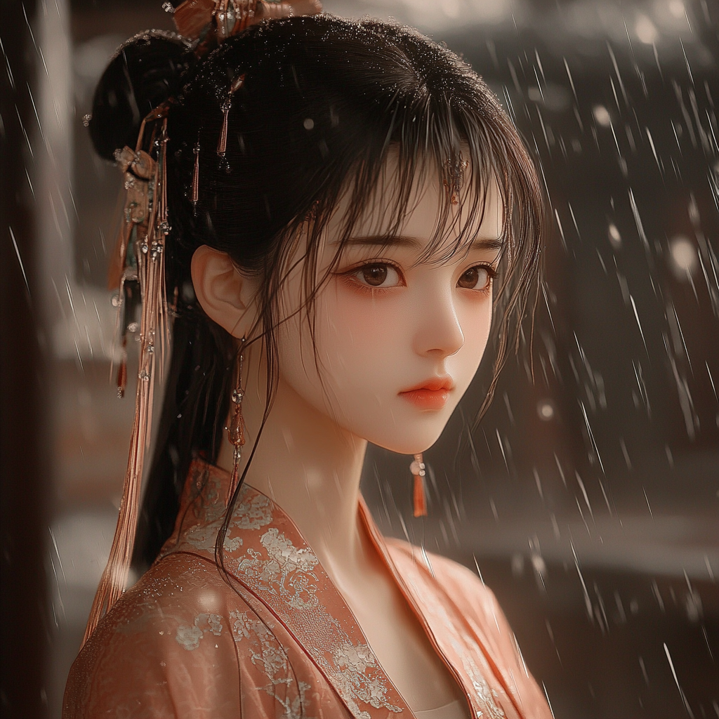 14-year-old girl with chestnut hair and eyes, wearing Tang costume walking in rain.