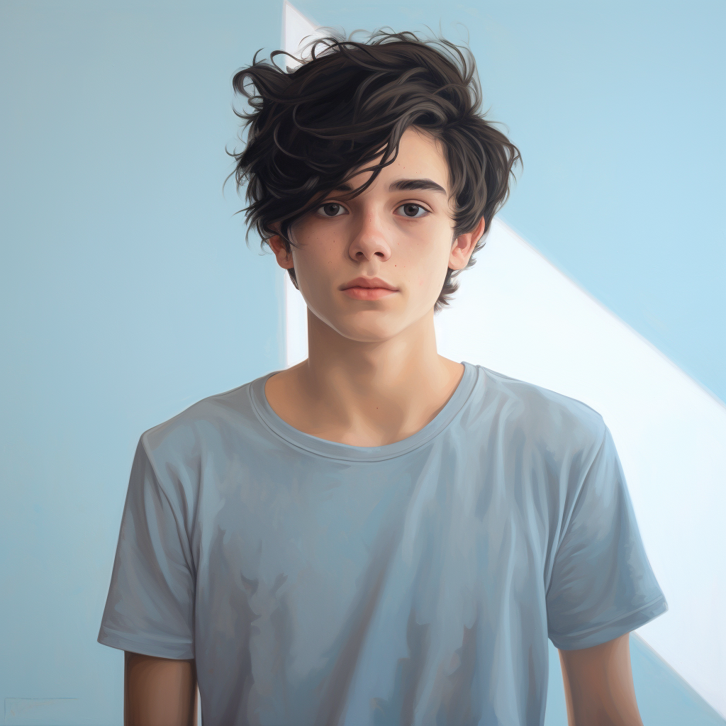 Young boy with black hair in light blue T-shirt