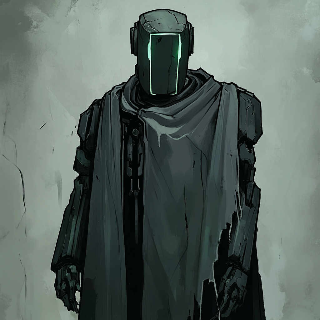 15ft tall sleek mech in tattered cloak, dark grey.