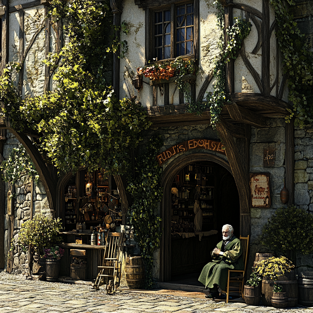 15th Century Spanish Inspired Fantasy Village Storefront with Elderly Man