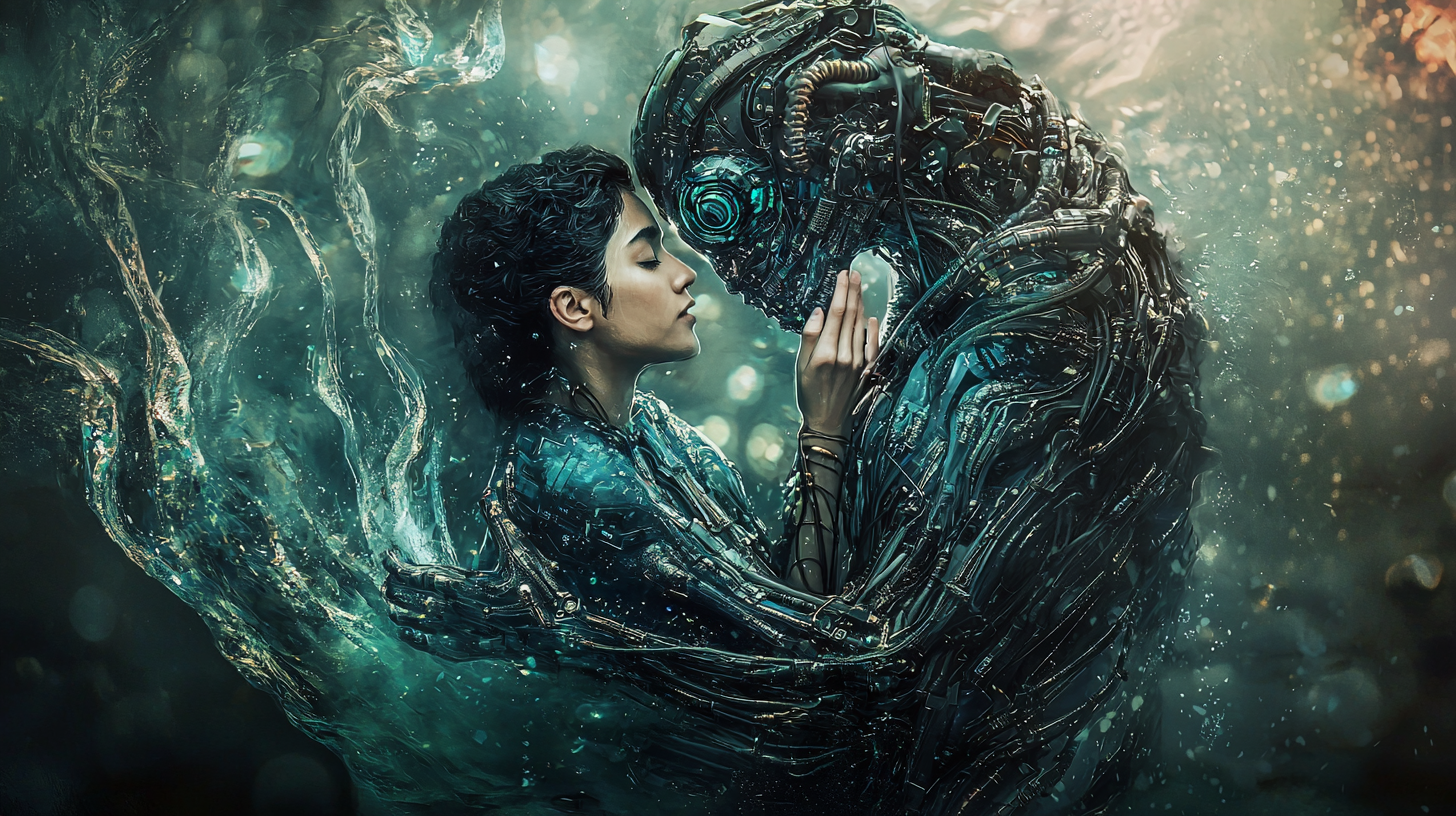 16:9 photo of Alien Mermaid embracing human.