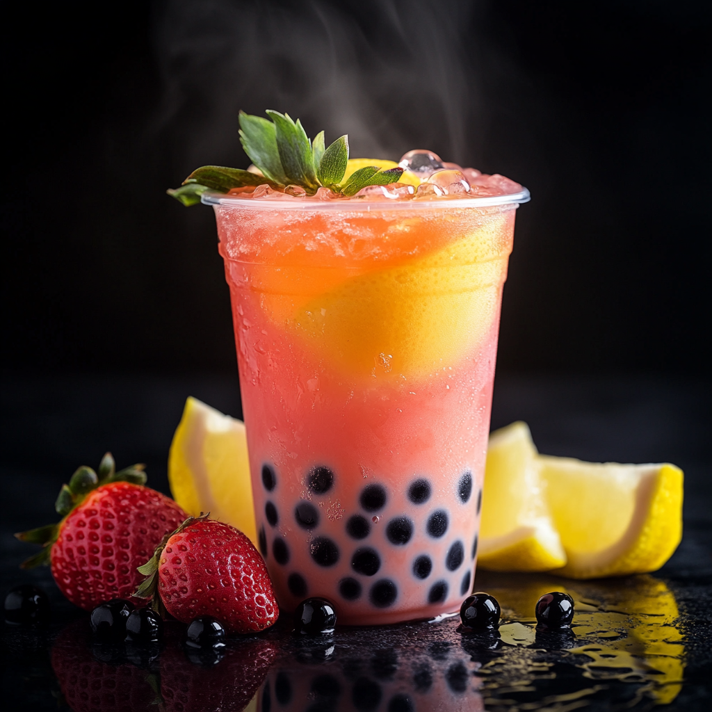 16K Hyper-realistic Strawberry Lemonade Iced Tea Boba Photo