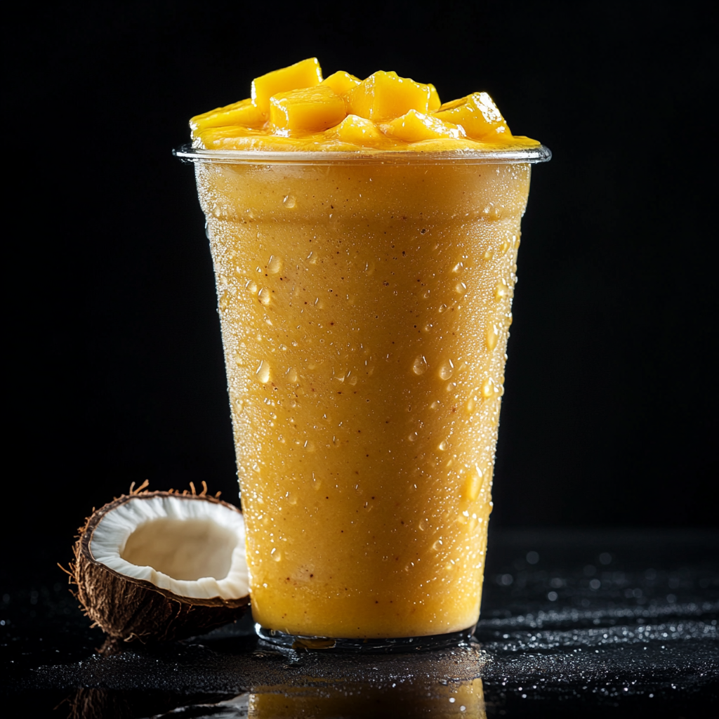 16K photo mango coconut smoothie, clear cup, black background.