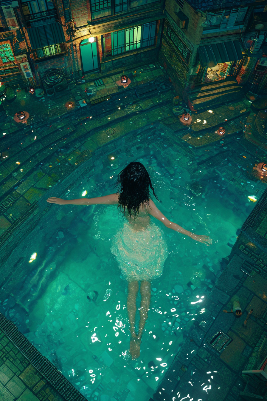 Aerial shot of woman in pool at night in Seoul