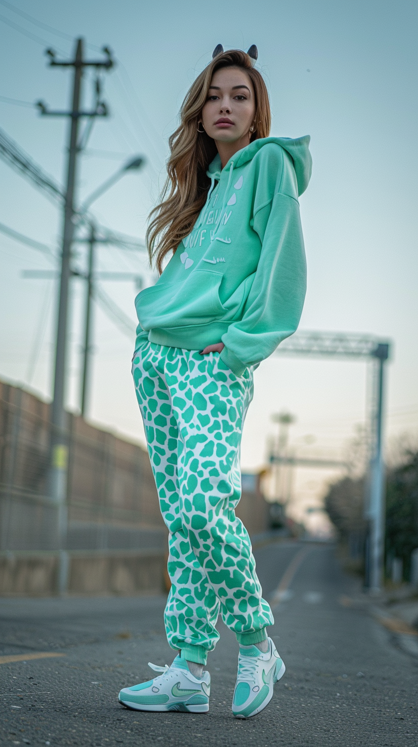 18-year-old Japanese fashion model in mint green giraffe outfit.