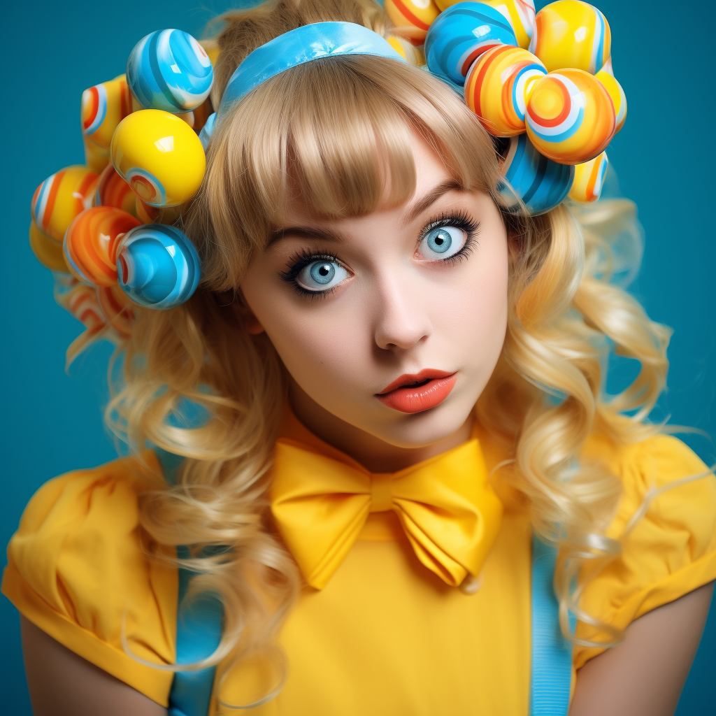 Happy 18-year-old woman with pigtails surrounded by dolls and lollipops