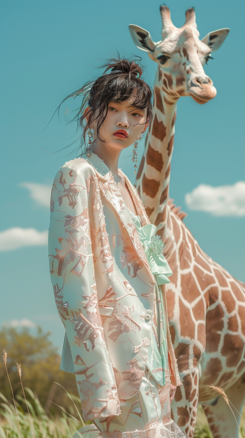 18 yr old Japanese model in mint green outfit, giraffe outfit background.