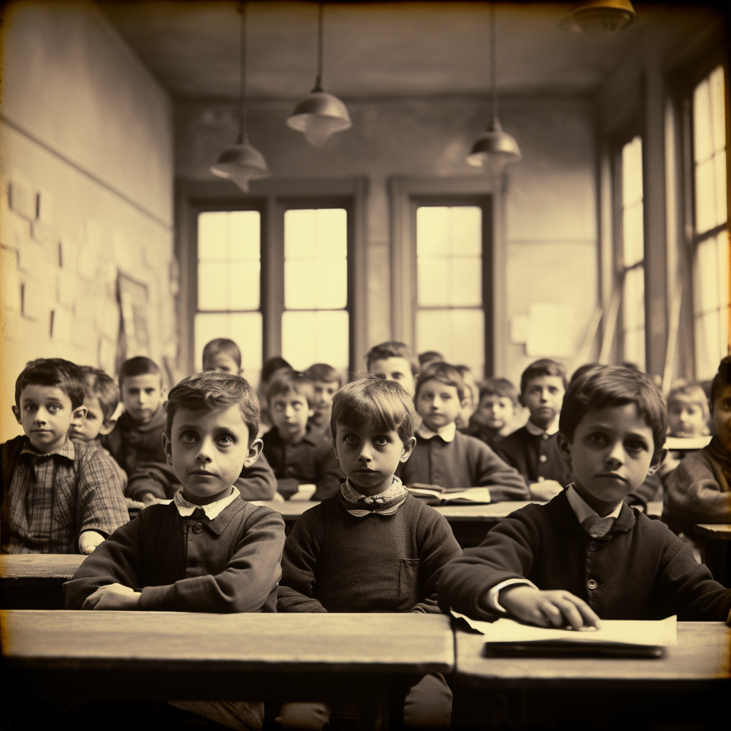 Children in 1885's classroom looking back