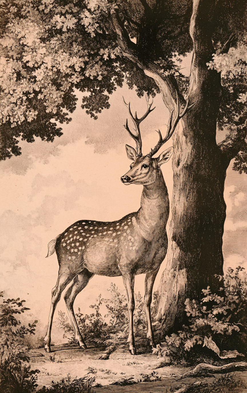 18th Century Baroque Deer By an Oak Tree