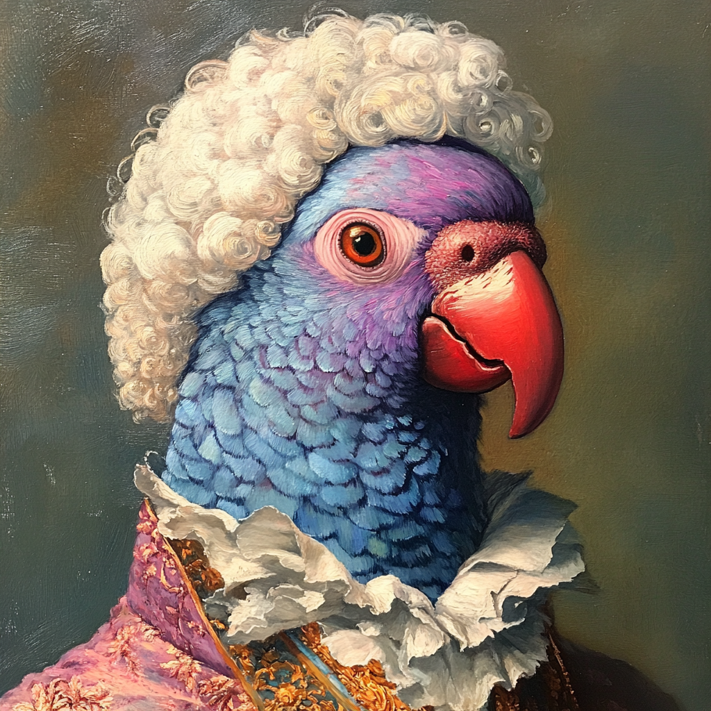 18th Century Oil Painting Portrait Human Blue Parrot Head 