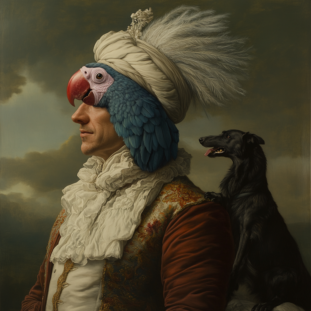 18th Century Oil Painting Portrait with Parrot Head 