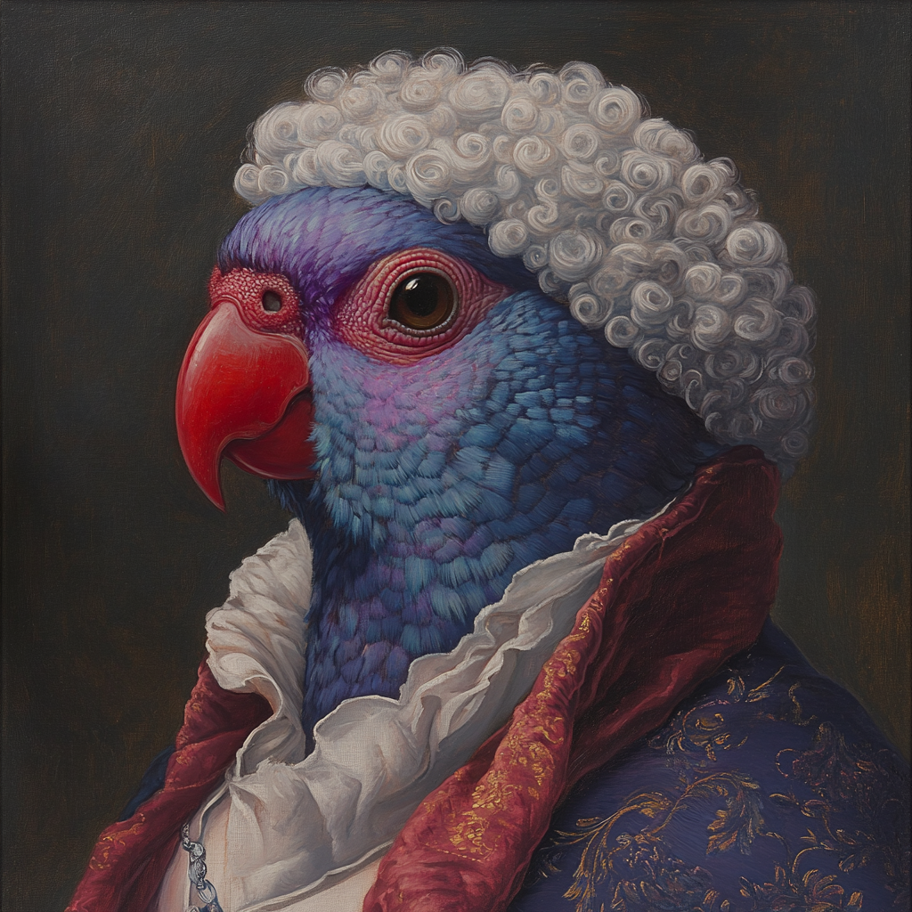 18th Century Portrait Human Blue Purple Parrot Head