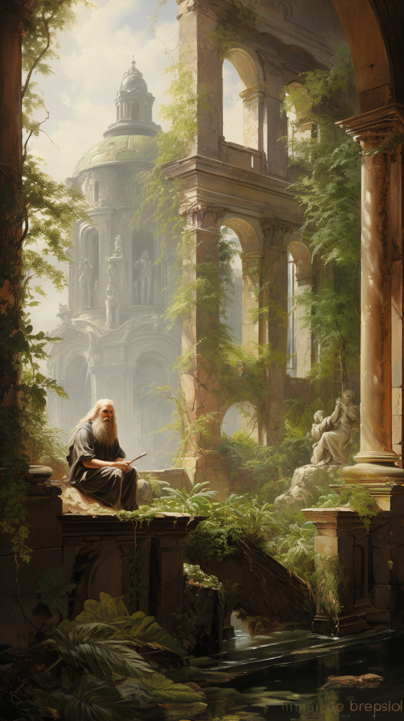 Ornamental hermit contemplating in 18th-century garden