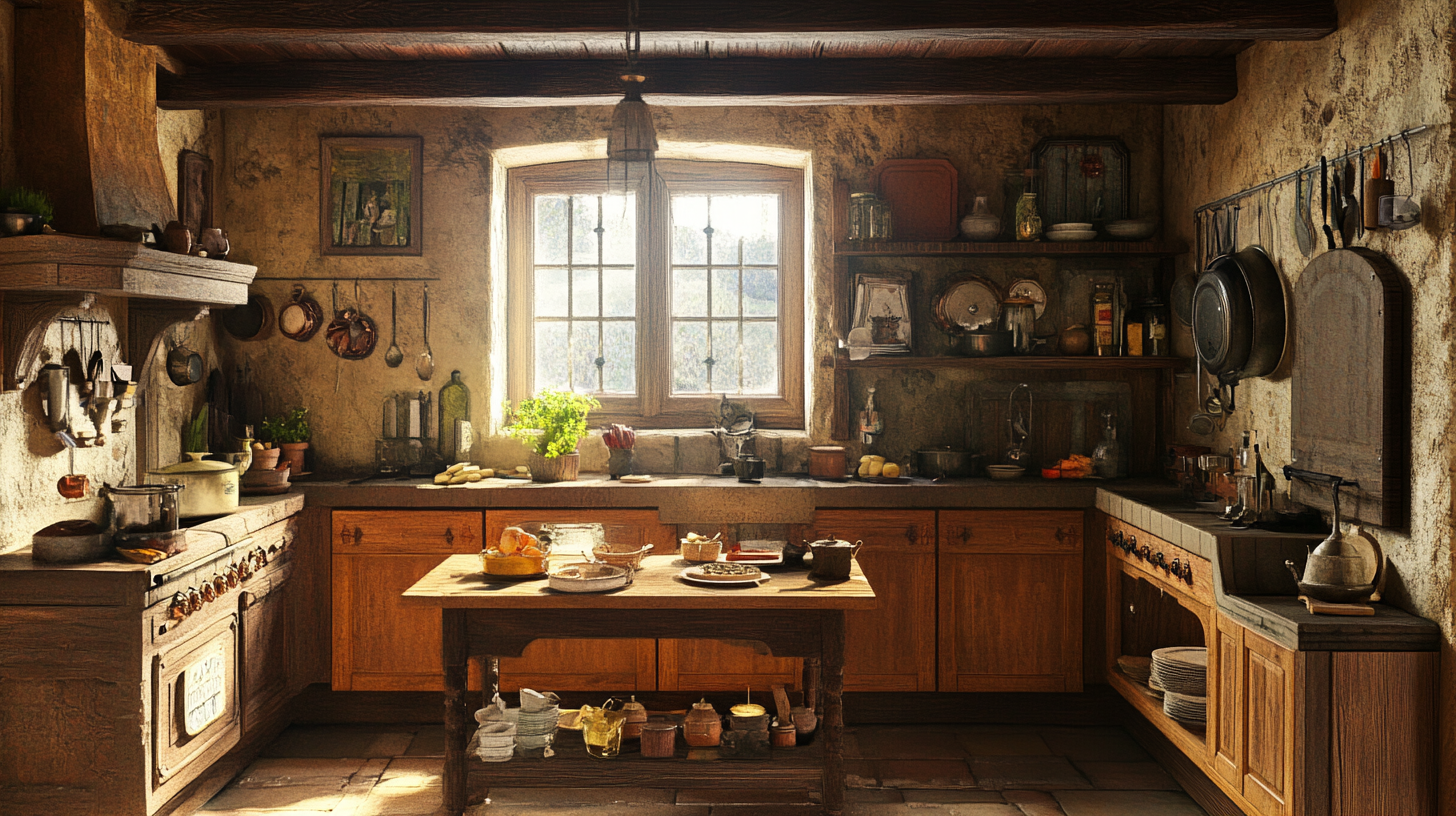 18th century medieval kitchen, wooden ceiling, chimney table.