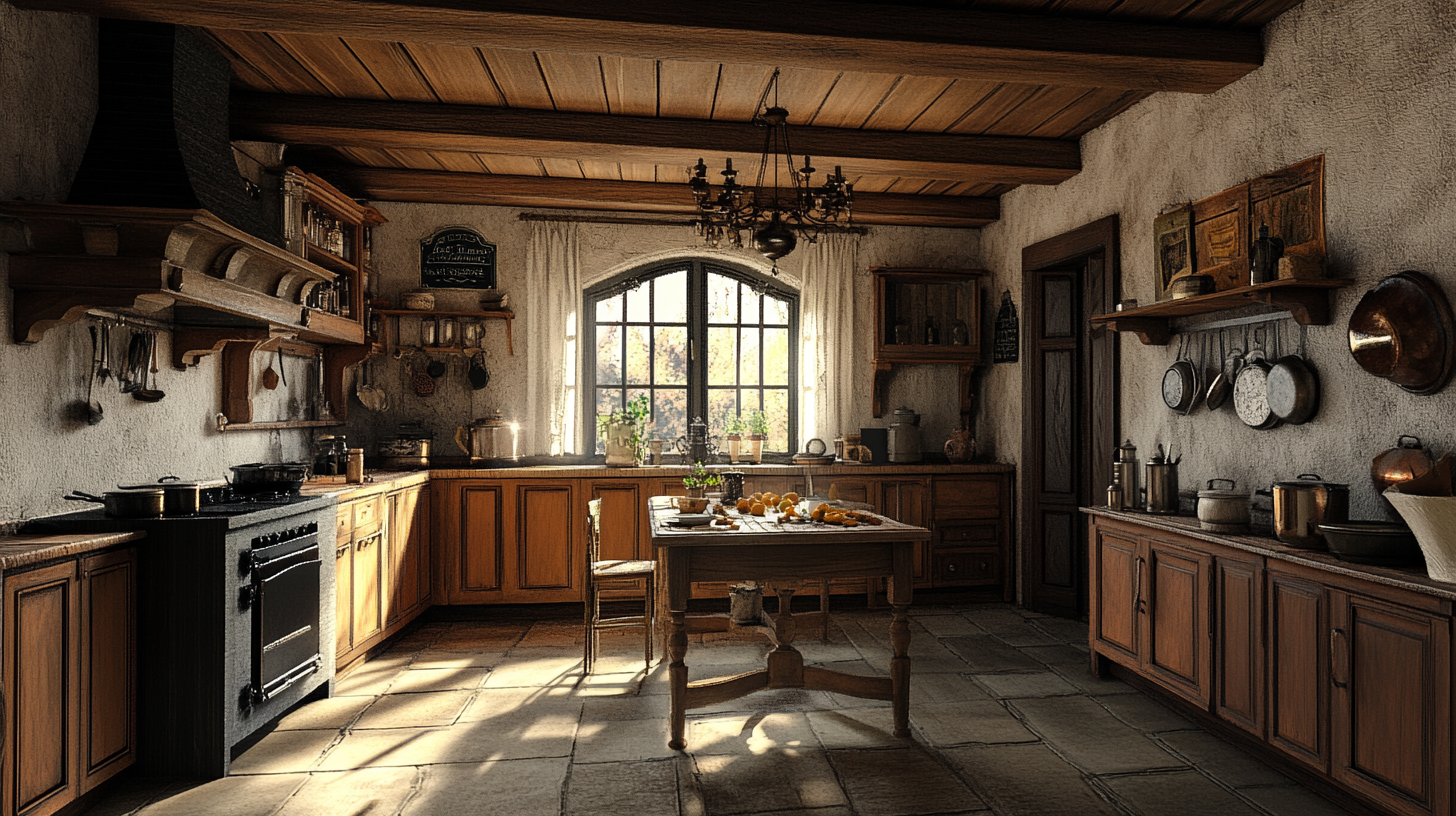 18th century medieval kitchen, wooden ceiling, crown wall, render.