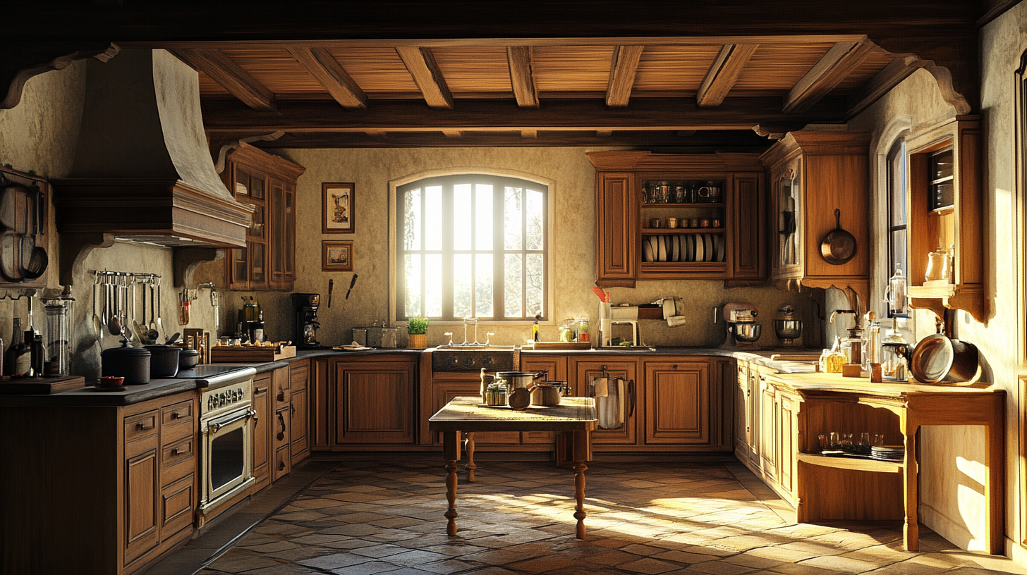 18th century style kitchen with wooden design ceiling.